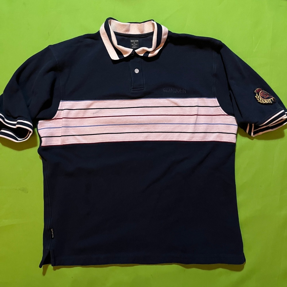 Sean John Vintage Navy Blue Striped Polo Shirt‎ Mens XL Y2K Streetwear